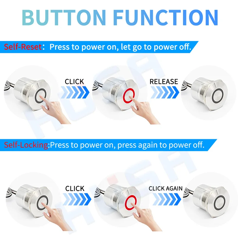 1PCS Metal Touch Button Switch self-reset/self-locking IP68 Waterproof with light strip line stainless steel NO/NC HUSA DIY