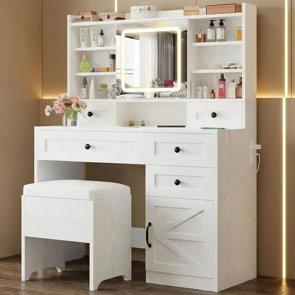 Large LED Lighted Makeup Vanity Table with Storage, 5 Drawers, Cabinet, 7 Shelves, Power Outlet, Stool, White