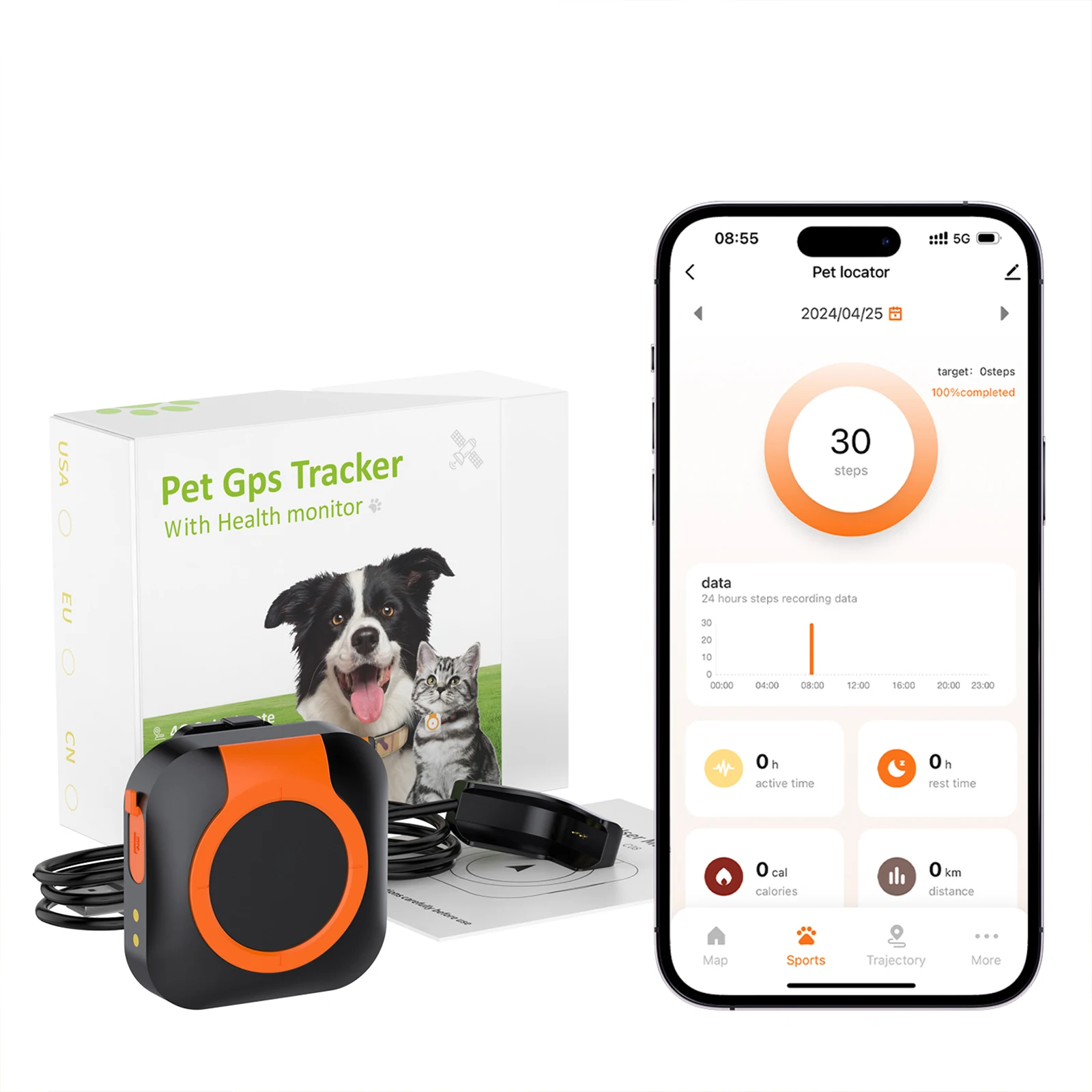 GPS Pet Tracker with SIM Card Tuya APP Real-time Location Magnetic Charging Power Saving Mode Map Navigation for iOS Android