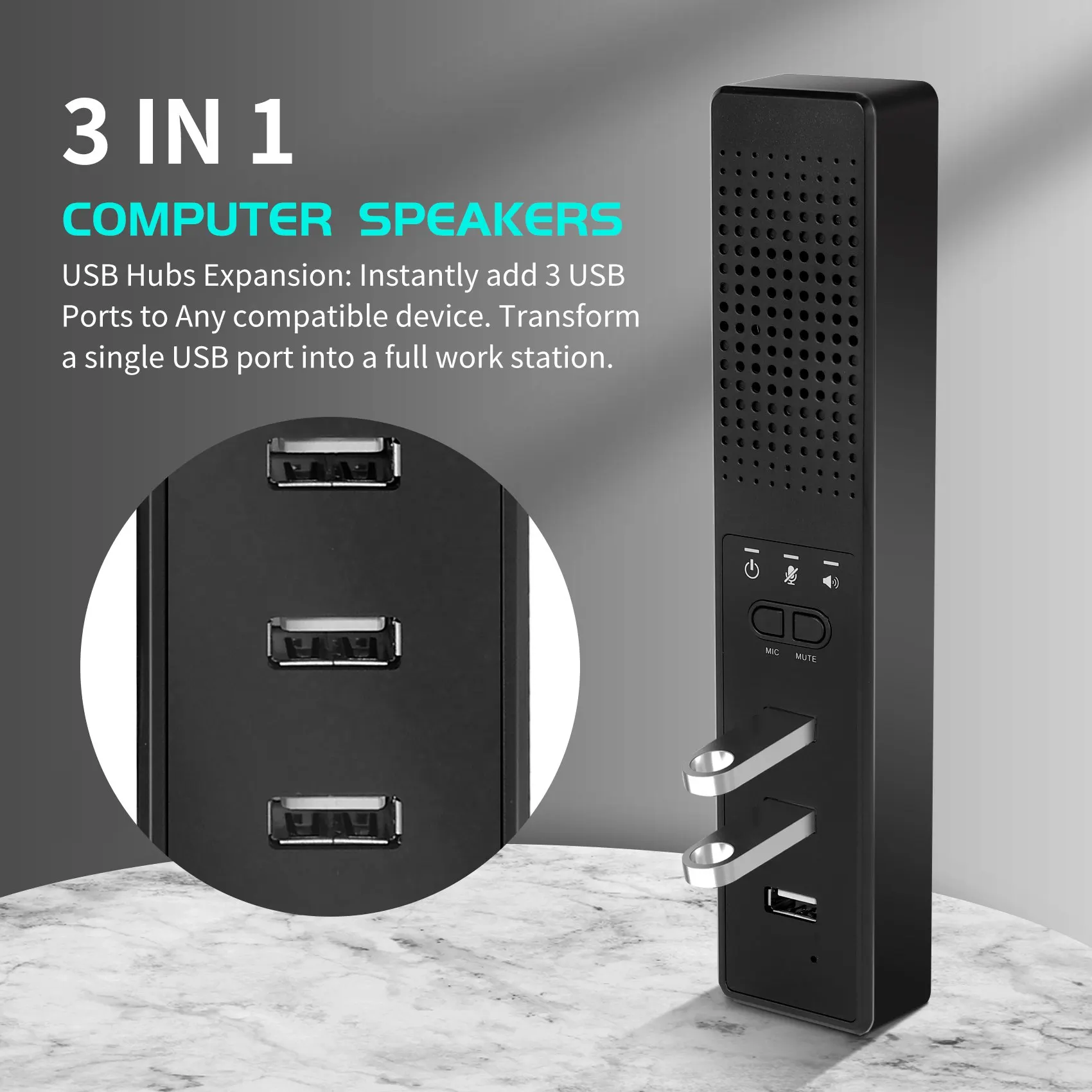 B18B 3 in 1 Computer Speakers with Microphone & Hubs USB Conference Speaker, PC Mic for Video Conference