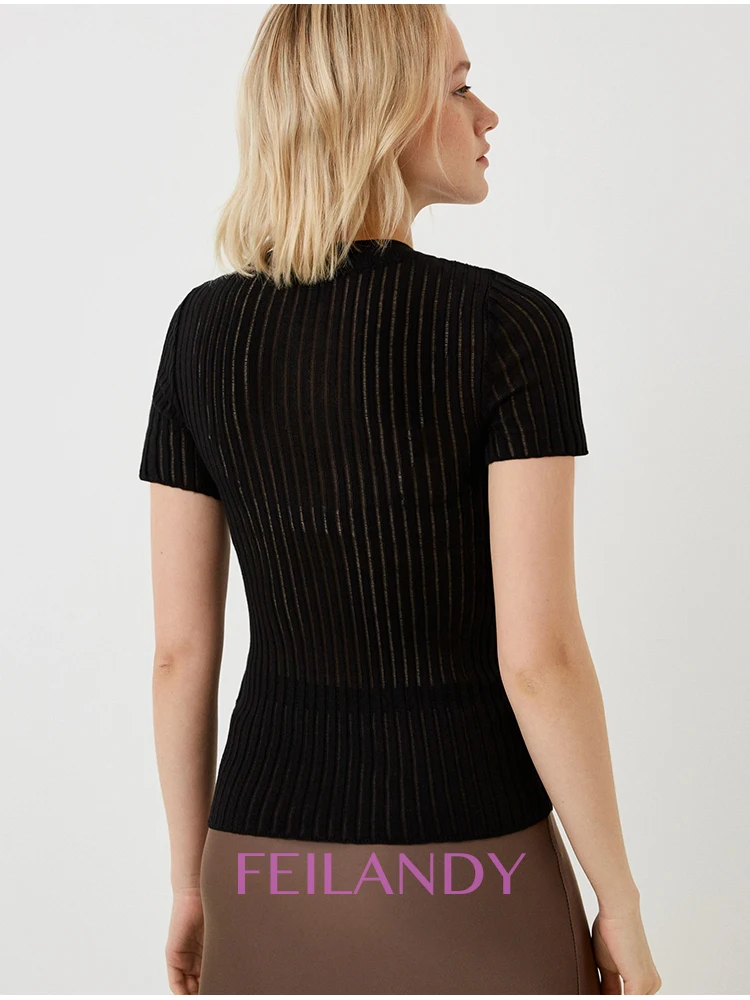 Feilandy 100% Wool Chic White Elegant Striped See Through Women Tops Outfits Short Sleeve T-Shirts Skinny Club Solid Casual Tees