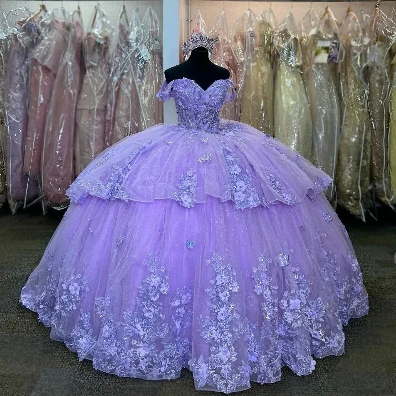 ANGELSBRIDEP Блестящие лавандовые платья Quinceanera с цветами и бисером, кружевные аппликации, оборки, Vestidos De 15 Anos, вечеринка по случаю дня рождения