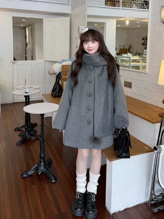 

Шерстяное пальто в корейском стиле, свободного кроя, средней длины, женская верхняя одежда, теплое, на пуговицах, повседневное, для молодых женщин