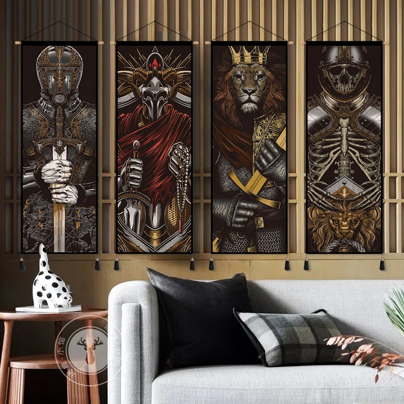 Medieval Knight High-end Bar Restaurant Tapestry Tattoo Shop Decor Painting Black and White Industrial Style Hanging Painting