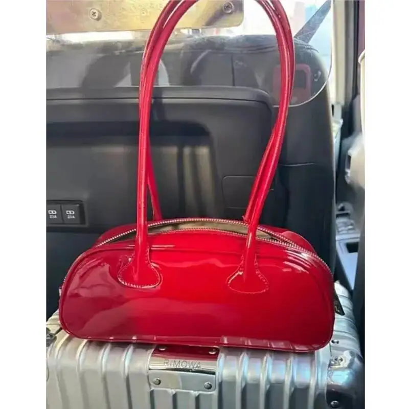 

Bloom Red Underarm Purse Women High Street Hot Girls Patent Leather Casual Handbag Female Vintage Bowling Bag Aesthetic