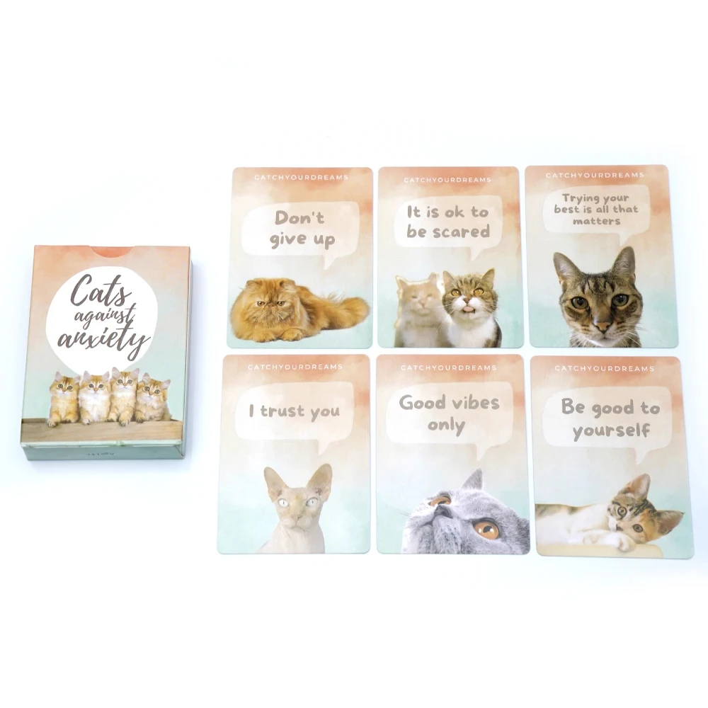 Karty Przeciwko Lękowi dla Kotów - 50 Kart na Wyznanie Siebie i Redukcję Stresu, Afirmacje na Emocje Lękowe 9*6,5cm