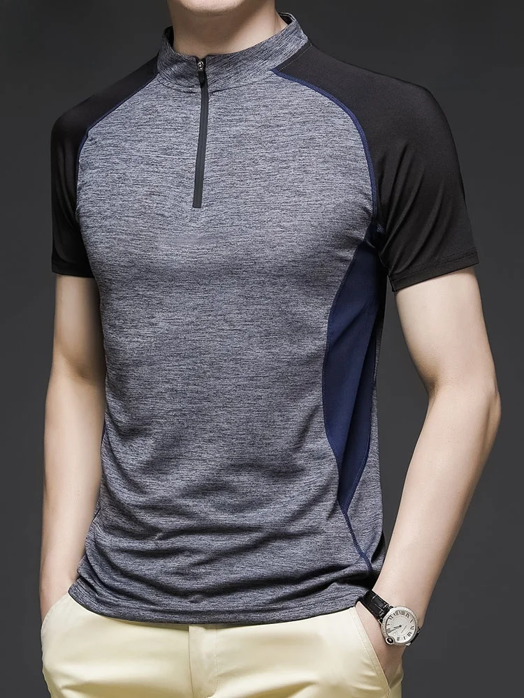 

Мужская футболка из ледяного шелка, летняя, быстросохнущая, эластичная, с воротником-стойкой, на молнии, для спорта и бега