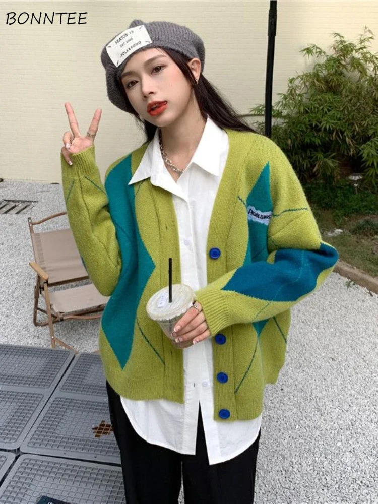 

Argyle Knitted Cardigans Women Casual V-neck Outwear Loose Chic Soft Korean Style All-match College Girls Tender Cozy Кардиган