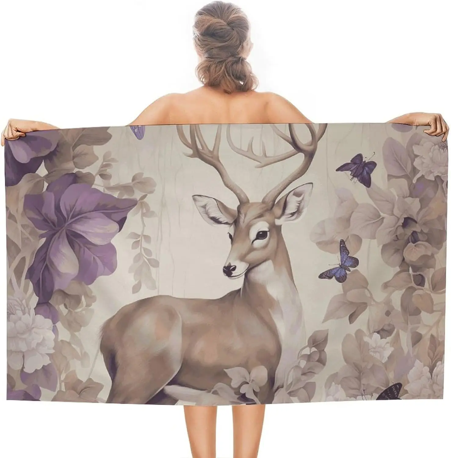 Deer Birds with Flowers Beach Towel Oversized Beach Blanket Waterproof Sandproof Pool Towels Quick Drying Outdoor Travel Towel