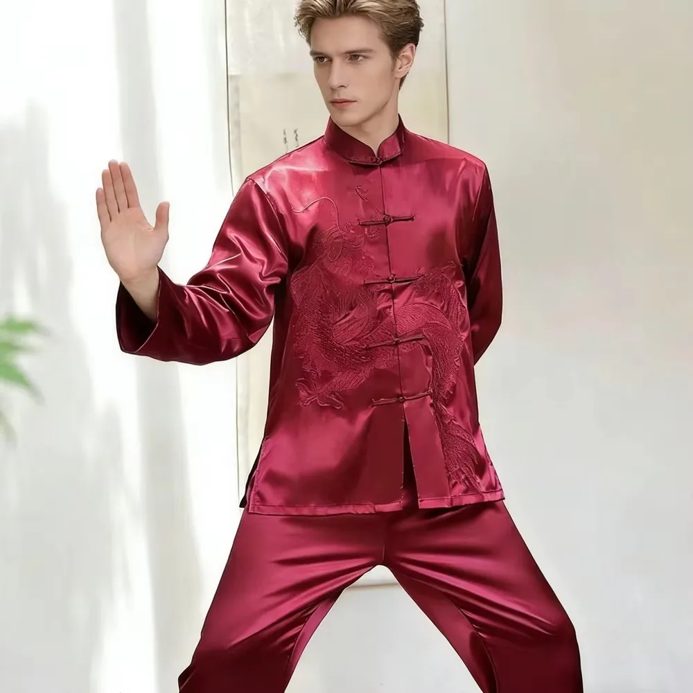 Mens Silky Satin Embroider Dragon Pajamas Set Male Long Sleeve Pyjamas Homewear Loungewear Chinese Kong Fu Tai Chi costume
