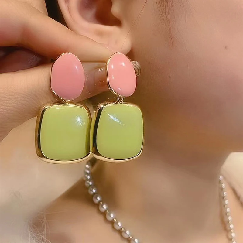 Sweet Colorful Square Round Geometric Earrings Vintage Personality Women Contrast Stud Earrings Female Wedding Party Jewelry