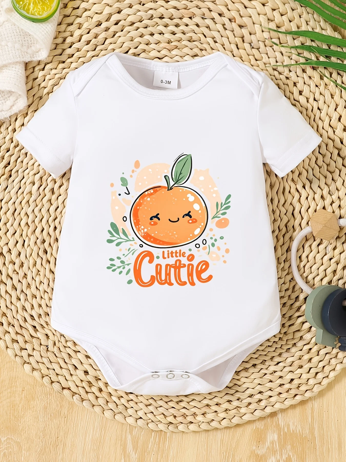 El body para bebé niña presenta un divertido estampado naranja y la frase "Little Cutie", lo que lo convierte en perfecto como regalo para recién nacidos al aire libre.