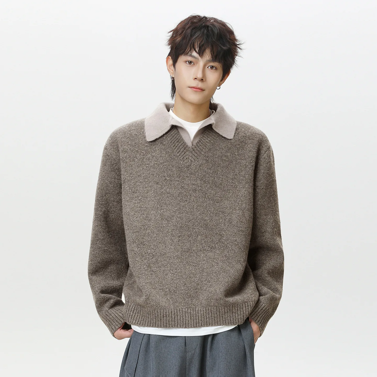 800G Winter Fashion Luxury Old Money Clothes Man Sweater Warm High Quality Fake Two Piece Polo Neck Vintage Knitted Sweater Men