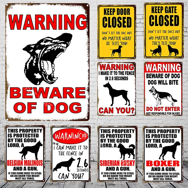 Beware of The Dog Warning Metal Tin Sign Dog Breed Metal Sign Pet Shop Wall Art Decoration Family Doorplate Vintage Tin Plaque