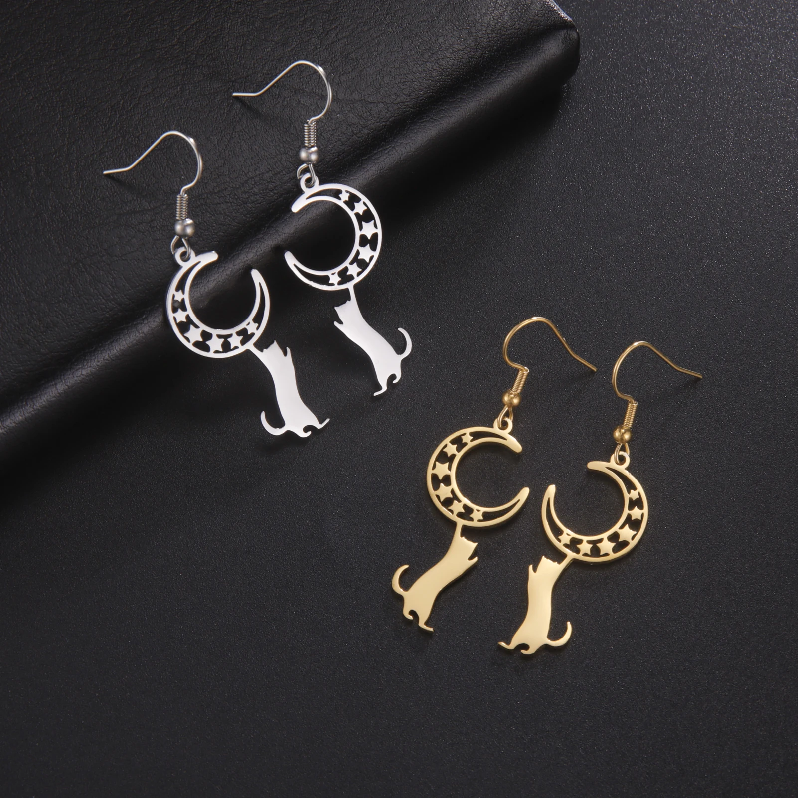 Sipuris Cat Moon Star Earrings For Women Stainless Steel Hot Fashion Vintage Geometry Animal Pendant Jewelry Gifts For Couple