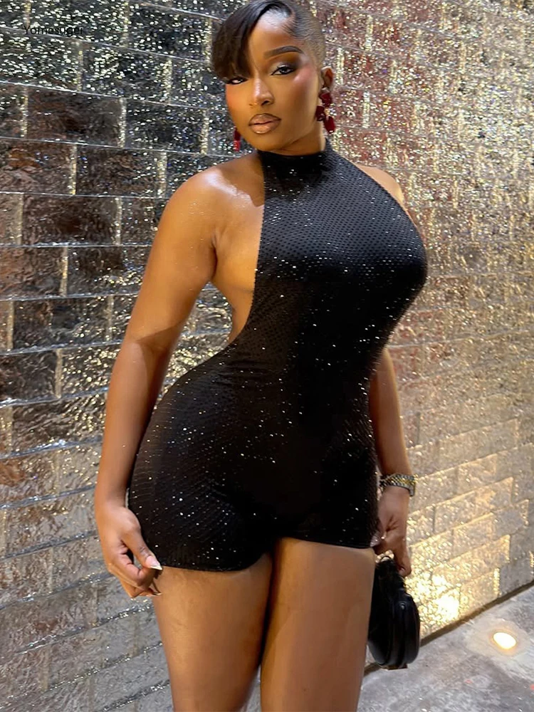 

Yomesugar Glitter Dot Print Halter Playsuits Women Sexy Backless Sleeveless Skinny Rompers 2026 Beach Vacation Midnight Clubwear