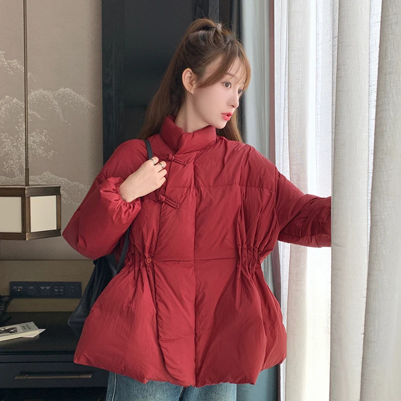 

Fall Winter Women Chinese Style Vintage Wine Red Black White Cotton Padded Parka Coat , Woman Clothing High Waisted Warm Coats