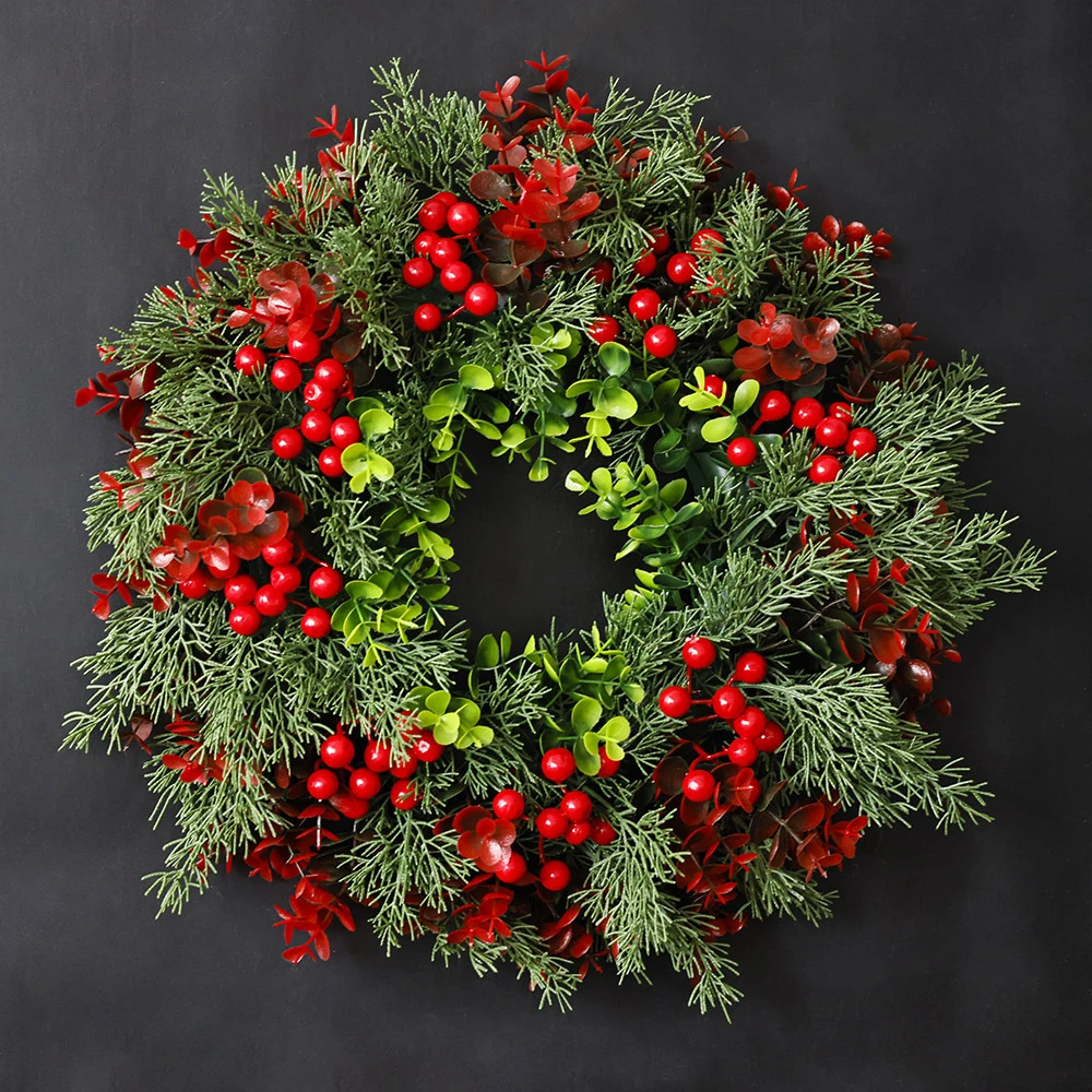 Künstlicher roter Beerenkranz, 35 cm, Weihnachtsdekoration, Hängegirlande für Winter, Festival, Weihnachten, Wanddekoration im Freien, gefälschter Kranz – Detail 4