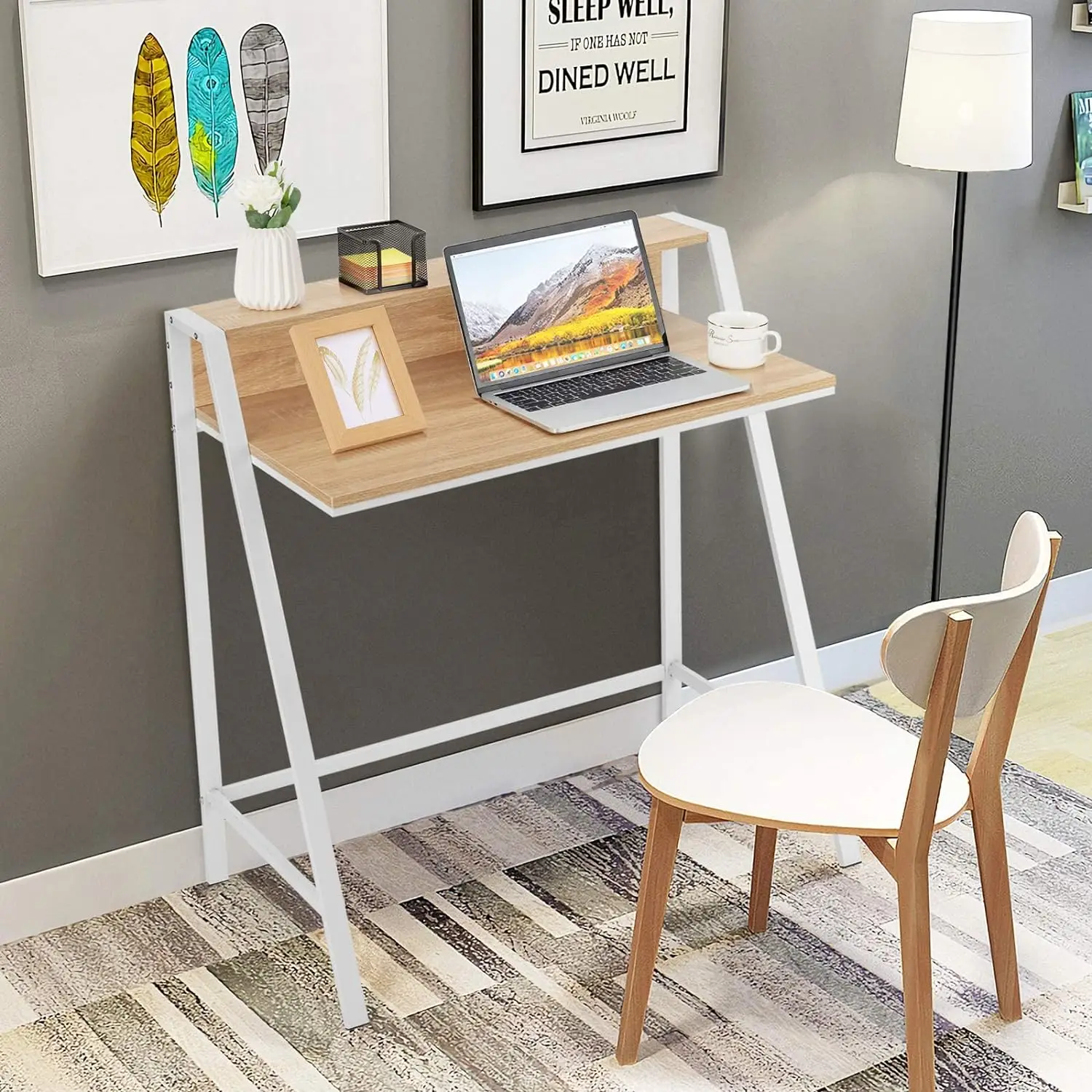 Small Computer Desk,Compact Home Office Desk with Sturdy Frame,2 Tier Study Writing Table for Small Place Apartment Office