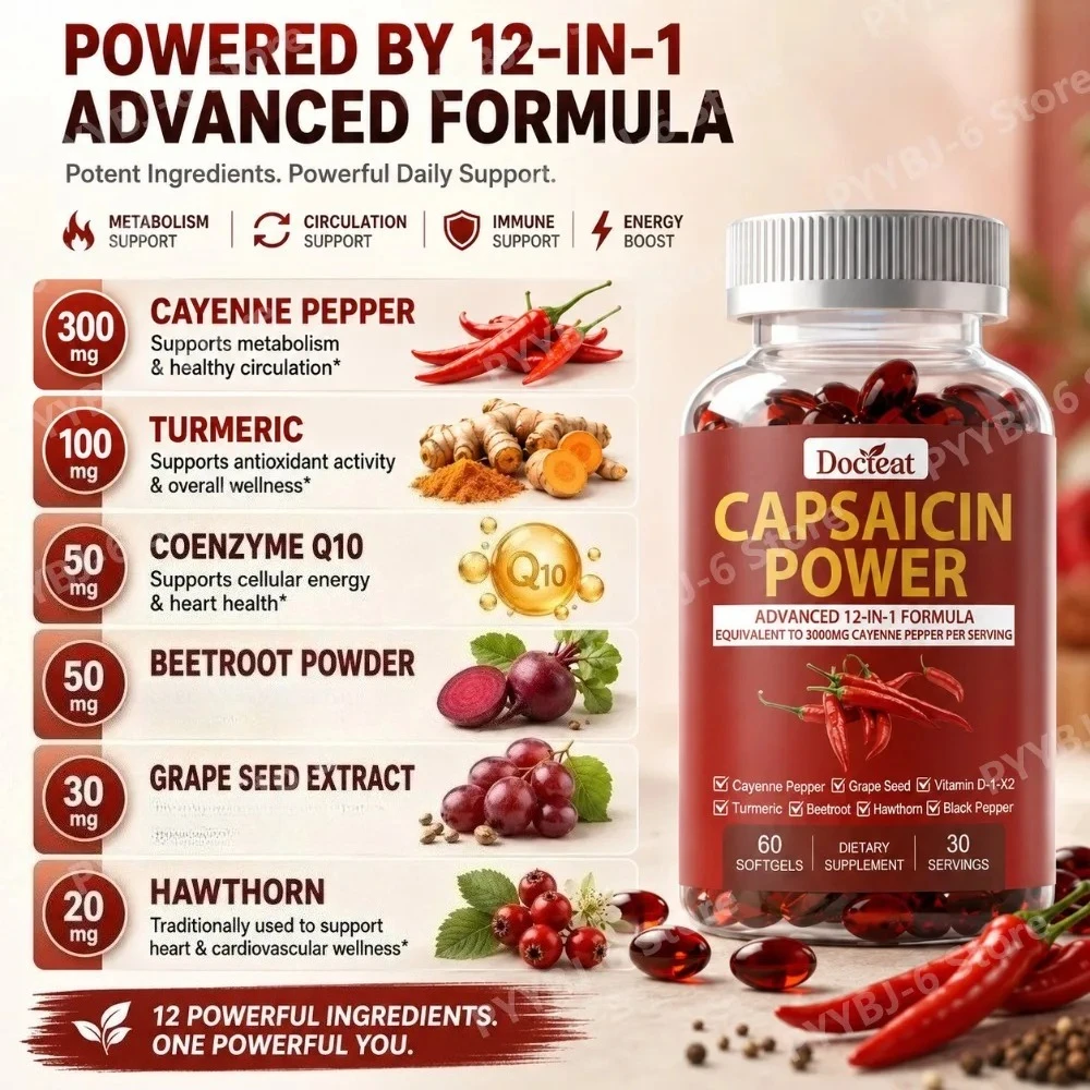 12-in-1 Cayenne Pepper Supplement with Turmeric Beetroot Grape Seed Black Pepper Plant Blend Heart / Cardiovascular Support