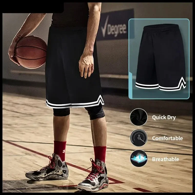 Knee Length Basketball Shorts Men Striped Loose Running Sport Gym Mesh Breathable Fitness Training Workout Bottom Male