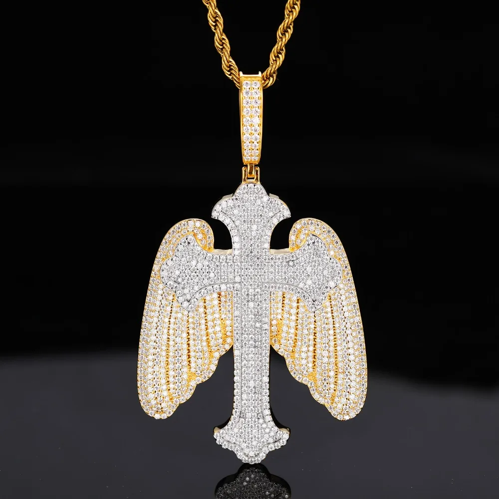 

925 Silver Iced Moissanite Angel Wings Cross Pendant Hiphop Rock Men Jewelry Plated 18k Gold with Rope Chain Pass Diamond Tester