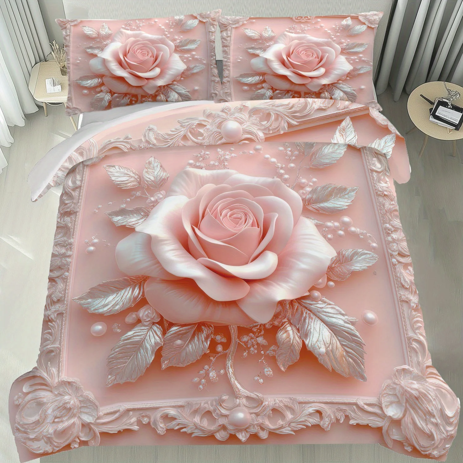 Latacaca 2/3Pcs Pink Rose Duvet Cover Set, Soft Comfortable Floral Bedding with Pillowcases, Machine Washable Queen King Size