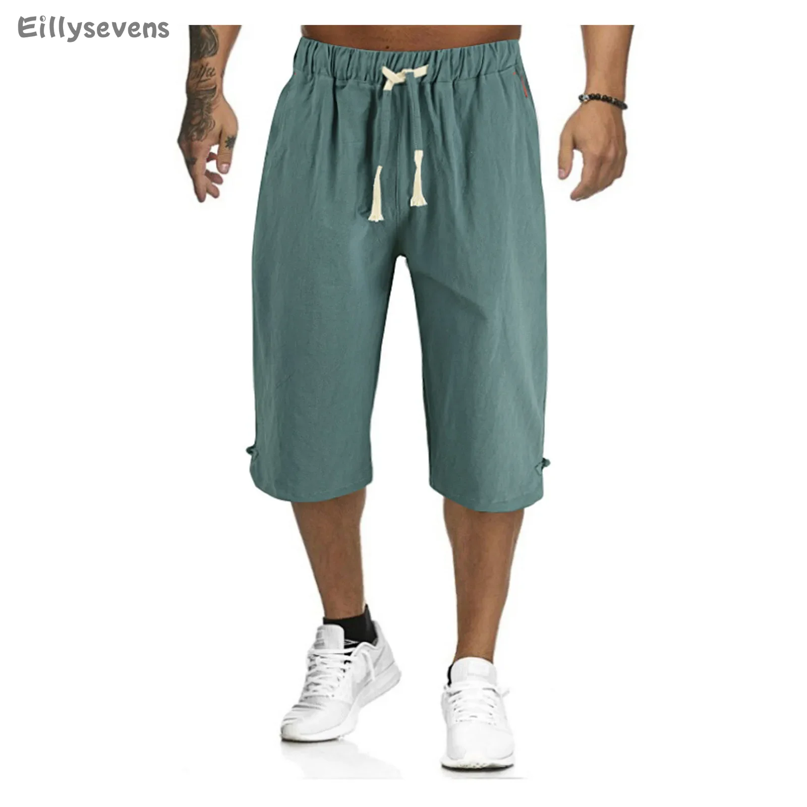 Men's Loose Tie Cropped pants Cotton Linen Casual Pants Elastic Waist Beach Pants Comfortable and breathable pantalones hombre