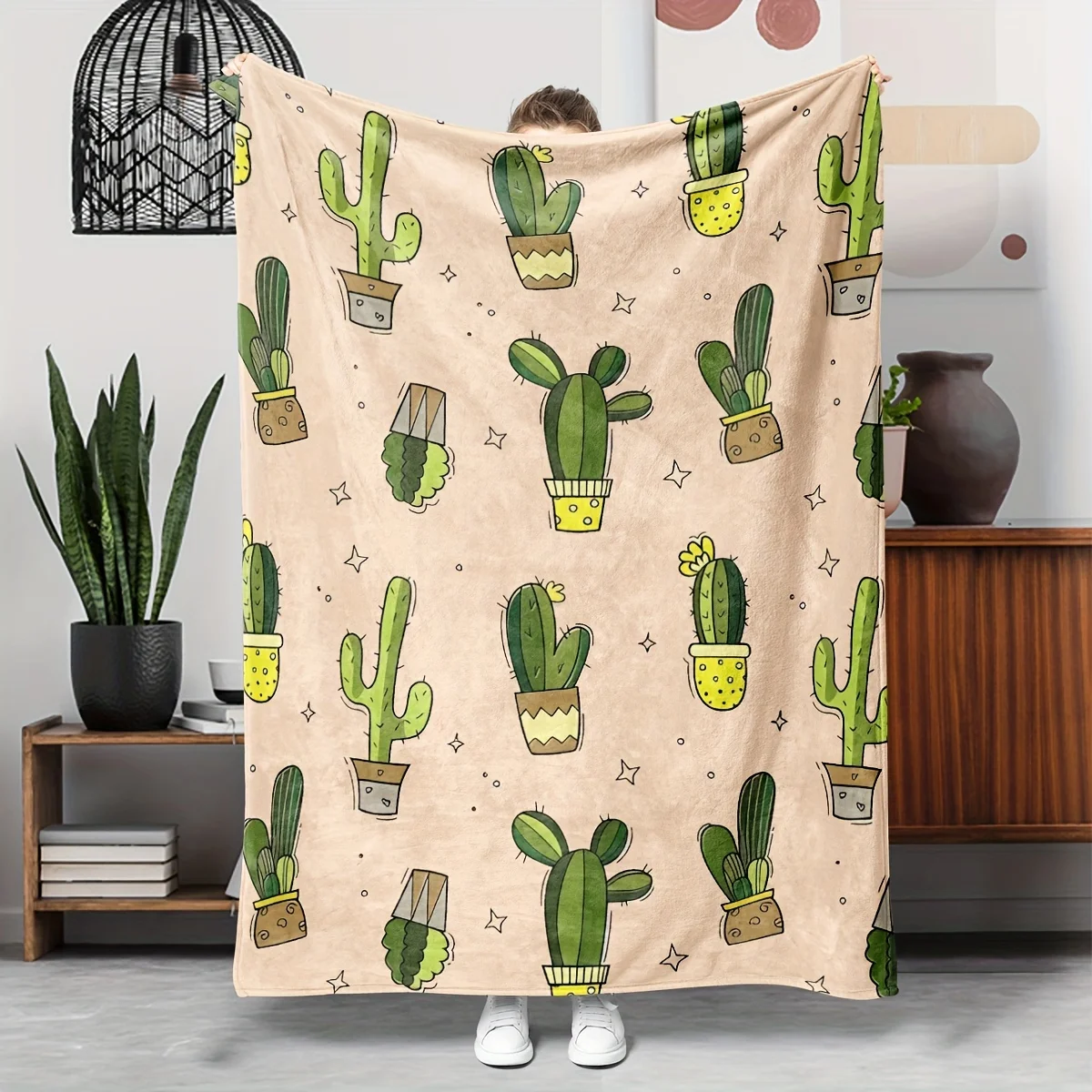 1pc Halloween Cartoon Cactus‑Print Throw Blanket, Sofa & Bed Decor, All‑Season Office Home Decoration