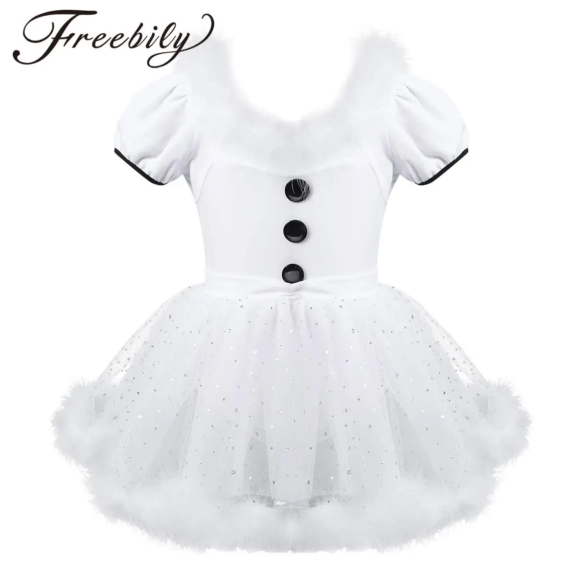 Kids Girls Christmas Dance Dress Figure Skating Ballet Performance Costume Short Sleeve Feather Trim Shiny Mesh Leotard Tutu