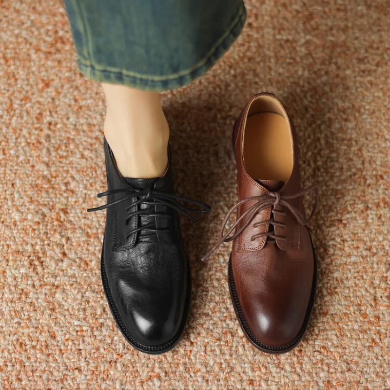 

Women’s Flats Oxfords Genuine Leather Summer Casual Woman Brogues Vintage Handmade Black Designer Luxury High Quality Shoes