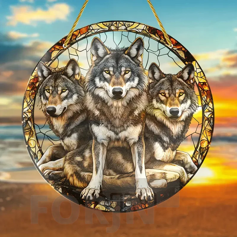 Snow Wolf Suncatcher,round Acrylic Translucent Stained Window Hanging,Holiday Gift,Office,Garden,Club,Man Cave,Spooky Home Decor