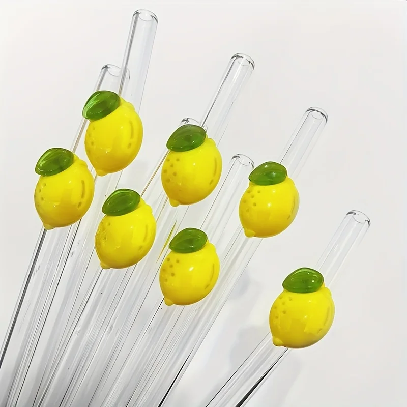 1set Lemon-Themed Glass Heat-Resistant, Reusable Drinking Straws Kitchen Accessories Drink Stirring Straws Curved Straws