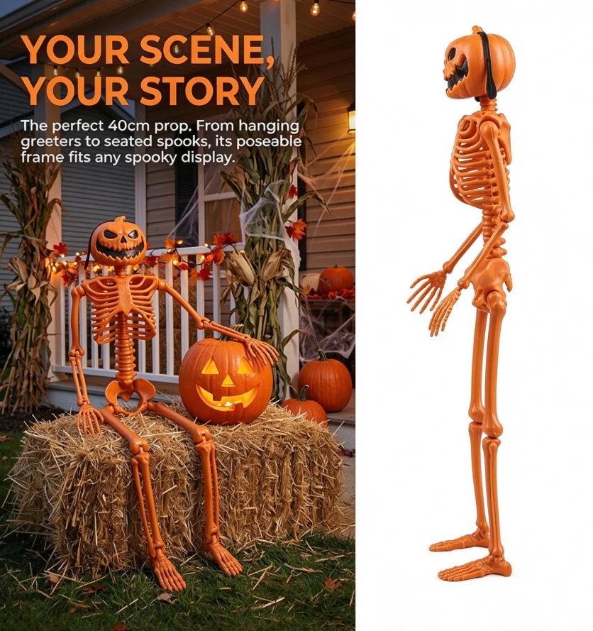 Halloween Orange Pumpkin Head Skeleton Figurine Posable Joints Hanging Decor for Yard Porch Horror Party Ornament