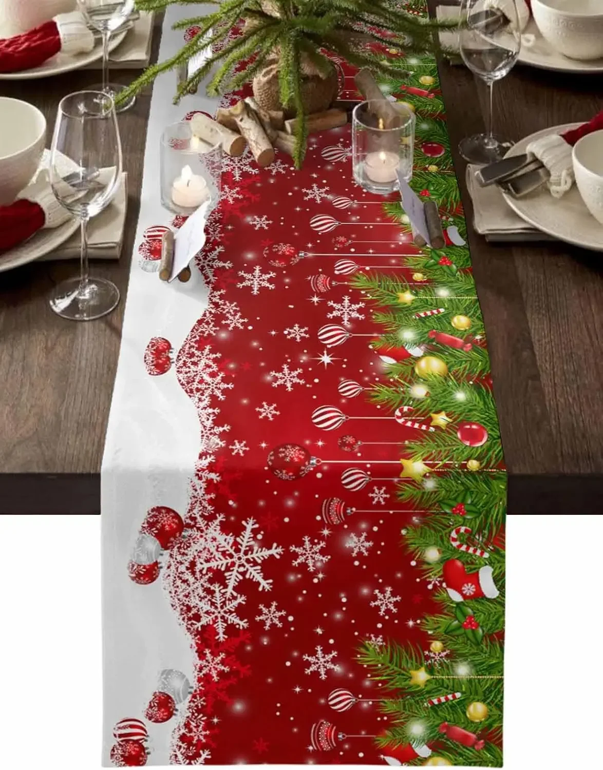 Christmas Balls Snowflake Pine Needles Linen Table Runner Party Decor Reusable Winter Xmas Table Runners Christmas Decorations