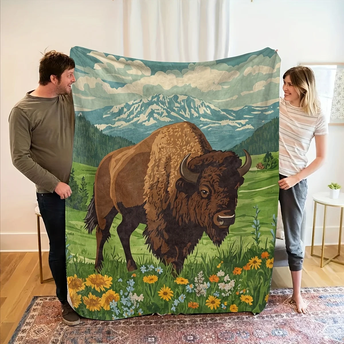 Bison-Themed Flannel Blanket, Featuring Prairie Bison, Mountains, and Floral Seascapes, Natural Wild Style, Unisex, Suitable for