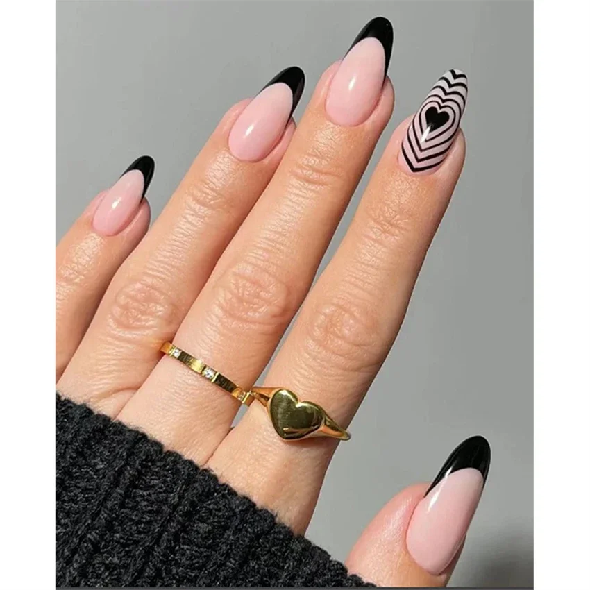 Arte acrílica de unhas falsas, Amêndoa longa branca, Coração Negro Oval, Imprensa Artificial Removível no Prego, Hot Sale, 24Pcs Set