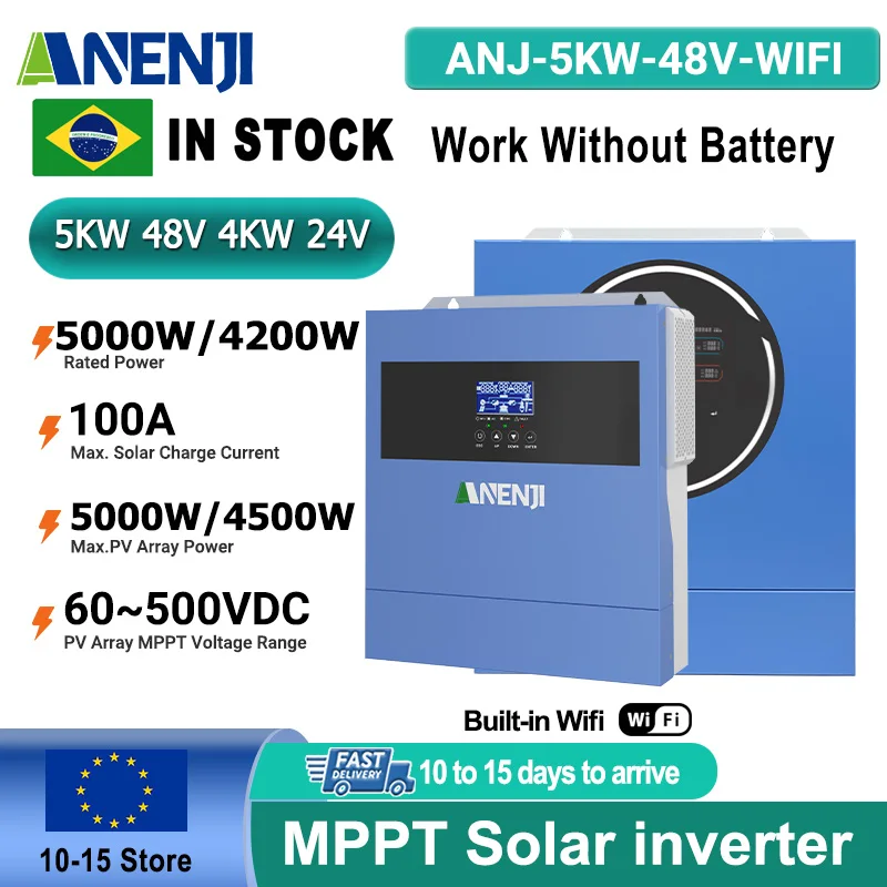 ANENJI 5KW 48V Dual output Input Hybrid Solar Inverter 4KW 24V 100A MPPT Pure Sine Wave Solar Controller PV 500VDC With WiFi