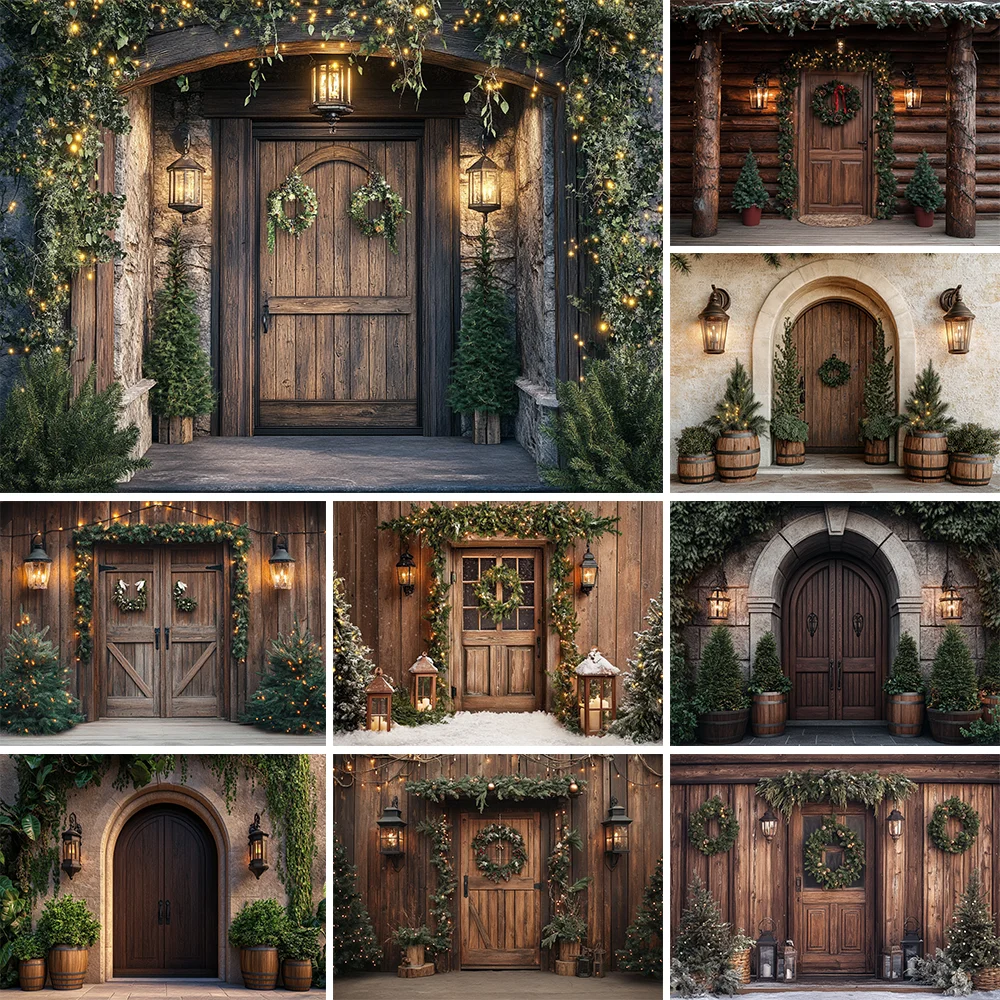 

Christmas Photography Backdrops Winter Wooden Door Xmas Trees Kids Family New Year's Eve Party Decor Photo Background Props
