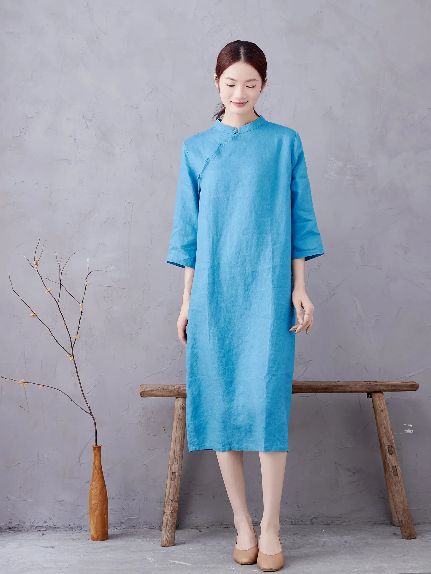 

Loose Fit Linen Qipao Dr with Seven Sve Loose Daily Improved Chinese Sle Women's plus Size Summer Thin Blue Dr