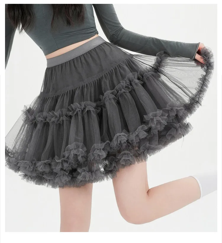 Spring new  slimming A-line fluffy cake skirt with black fungus edge mesh pleated short skirts for women
