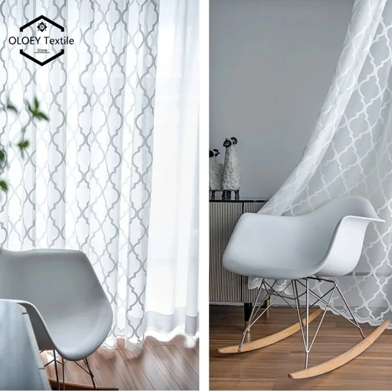 

White Embroidered Tulle Curtain Modern Diamond Gauze Sheer Voile Drapes for Living Room Bedroom Window Treatment Light Filtering