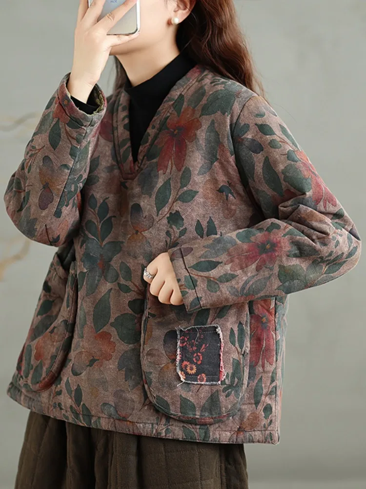 

Ретро-куртка женская зимняя большого размера из хлопка и льна с цветочным принтом, двусторонняя, с капюшоном