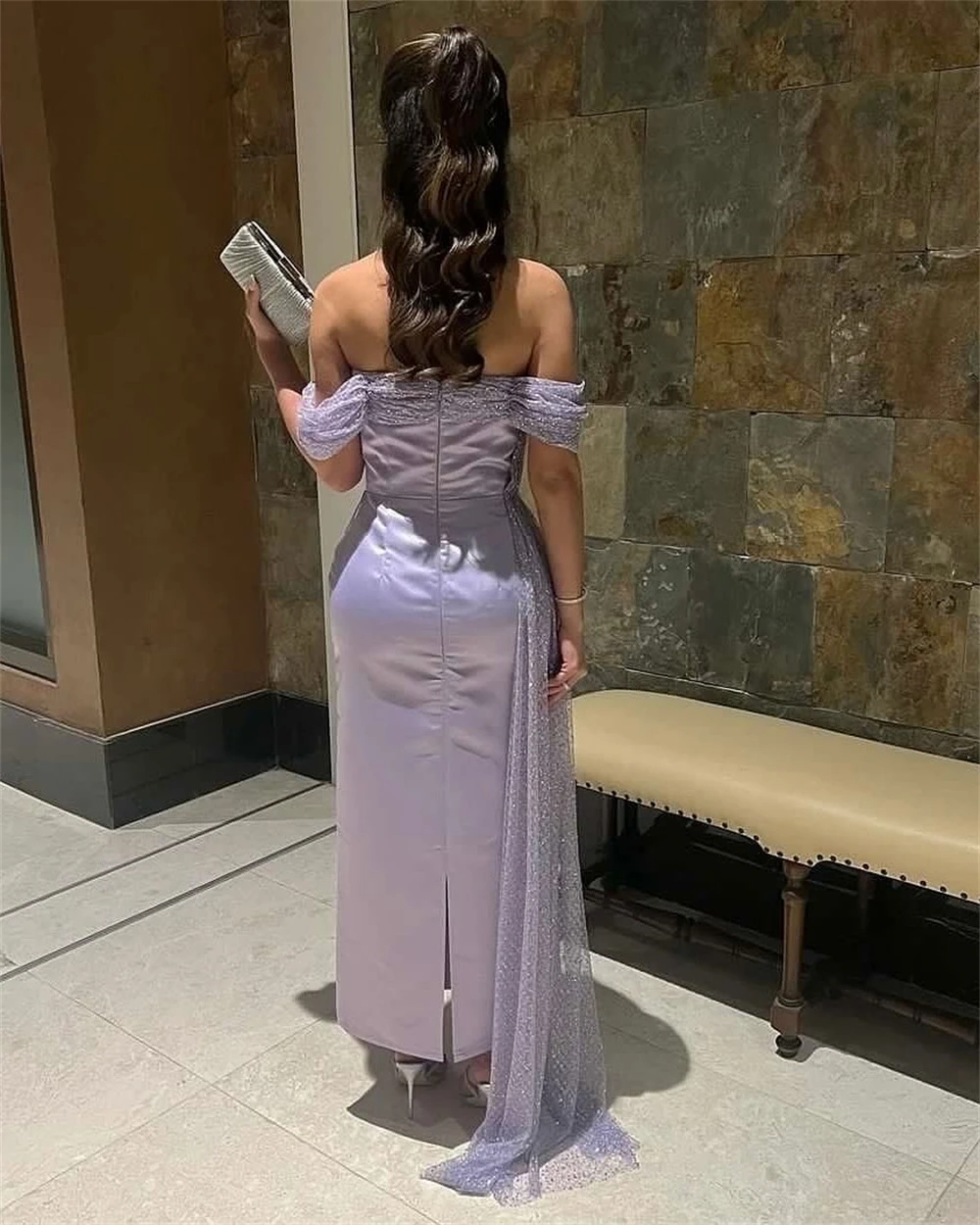 

Customized Boho Purple Satin Evening Dress Formal Boat Neck Off the Shoulder Party Dress Soft Straight Sweep Train Prom Dresses