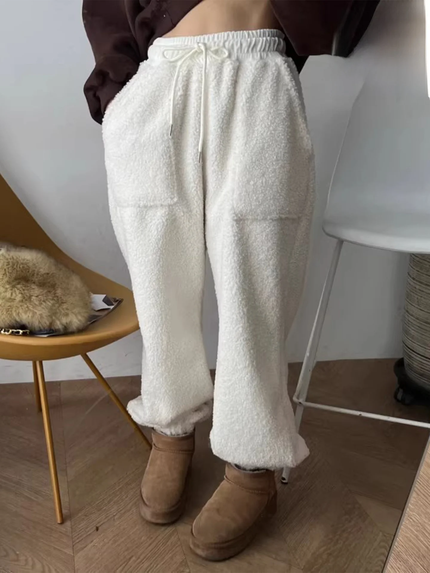 السيدات عالية الخصر Dstring Fce اصطف فرو الضأن مكبل السراويل شتاء دافئ بناطيل كاجوال تخفيف Sle الكورية Faion #1