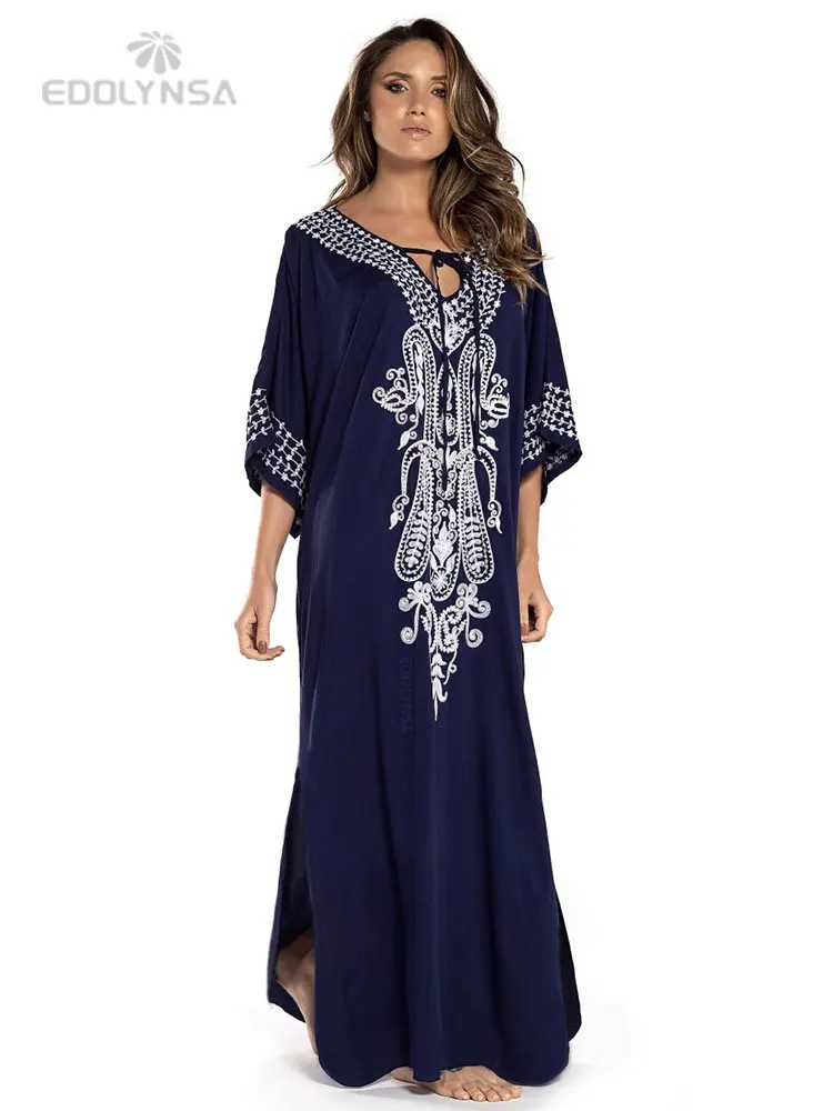 2023 Indie Folk Lace Up V-Neck Batwing Sleeve Summer Beach Dress  Tunic Women Beachwear kaftan Maxi Dress Robe Sarong Q775