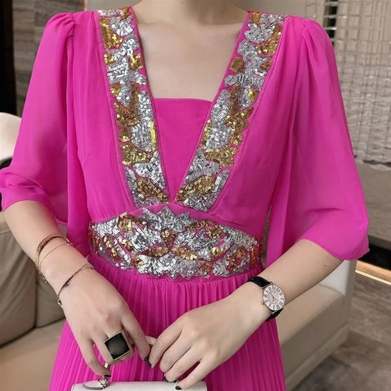 TWOTWINSTYLE Solid Sheer Spliced ชุดเลื่อมสําหรับผู้หญิงสแควร์คอครึ่งแขน Patchwork พับ Elegant Dress หญิงเสื้อผ้า