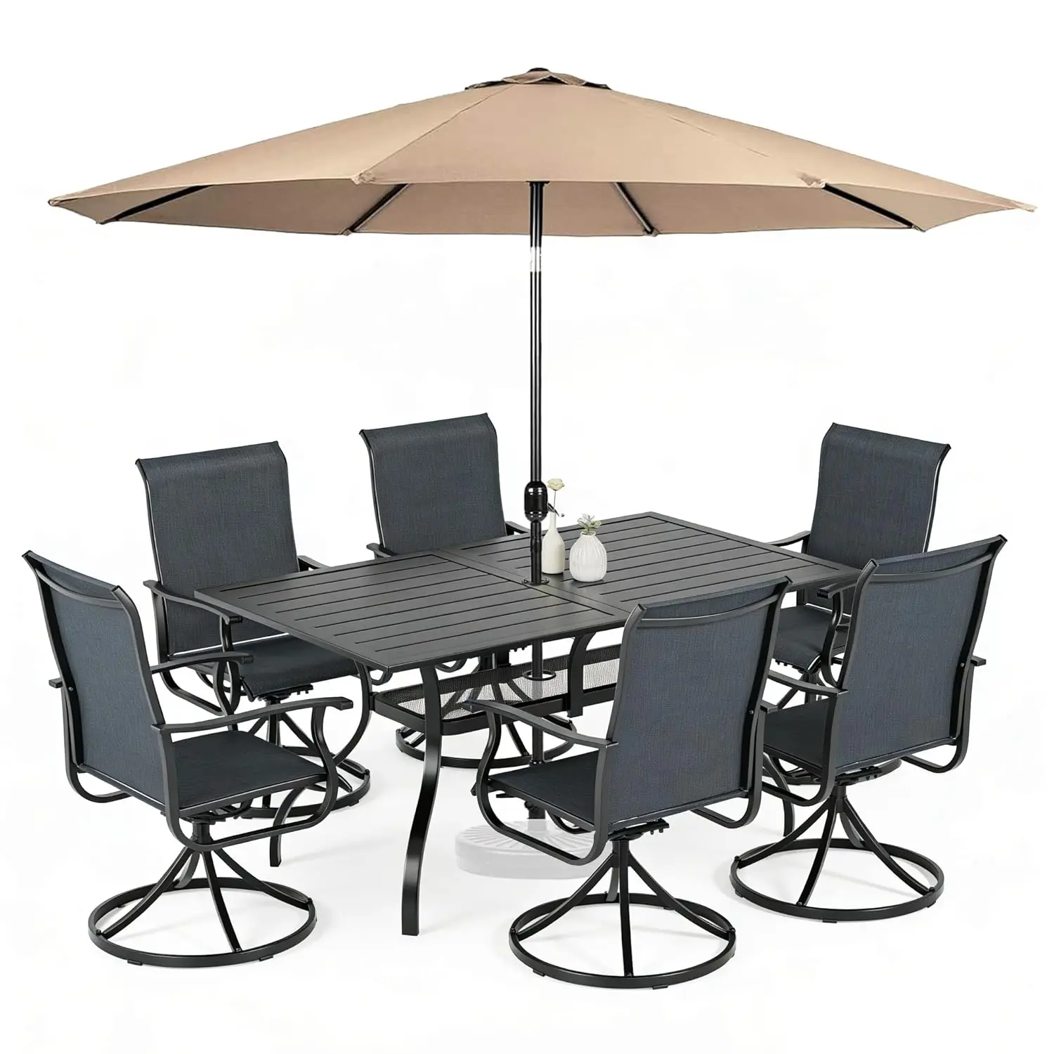 

8pc Outdoor Dining Set All Weather Patio 6 Swivel Textilene Chairs Metal Table 9Ft Umbrella Garden Backyard, Customized