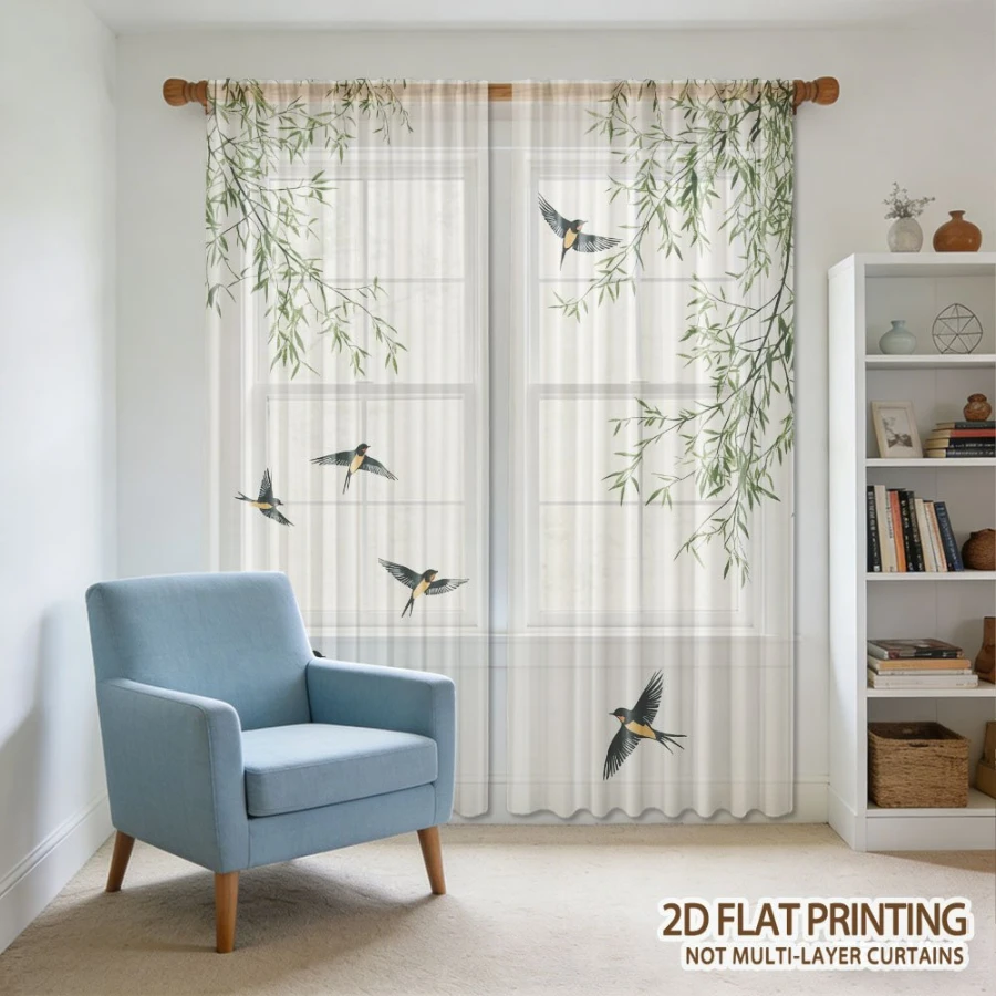 2PCS Digital Print Sheer Curtain, Swallows Singing Willow Breeze Pattern, Fresh Natural Pastoral Spring Home Style Decor view 3