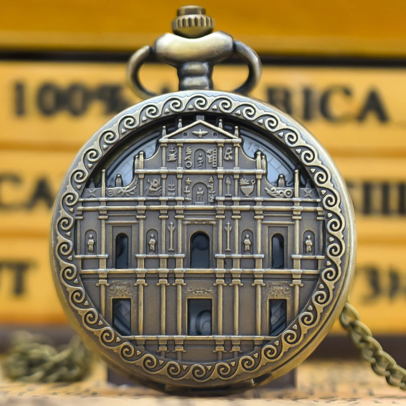 Винтажные Бронзовые китайские руины храма святого Павла кварцевые карманные часы с ожерельем подарок универсальные для мужчин и женщин студентов